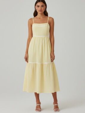 NWT Billy J Boutique Baina Midi Dress Butter Yellow White Tiered Cottagecore 6